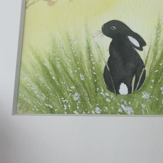 Video “Sunshine Meadows’ - Original Black Bunny Rabbit Watercolour Painting  4” x 4”