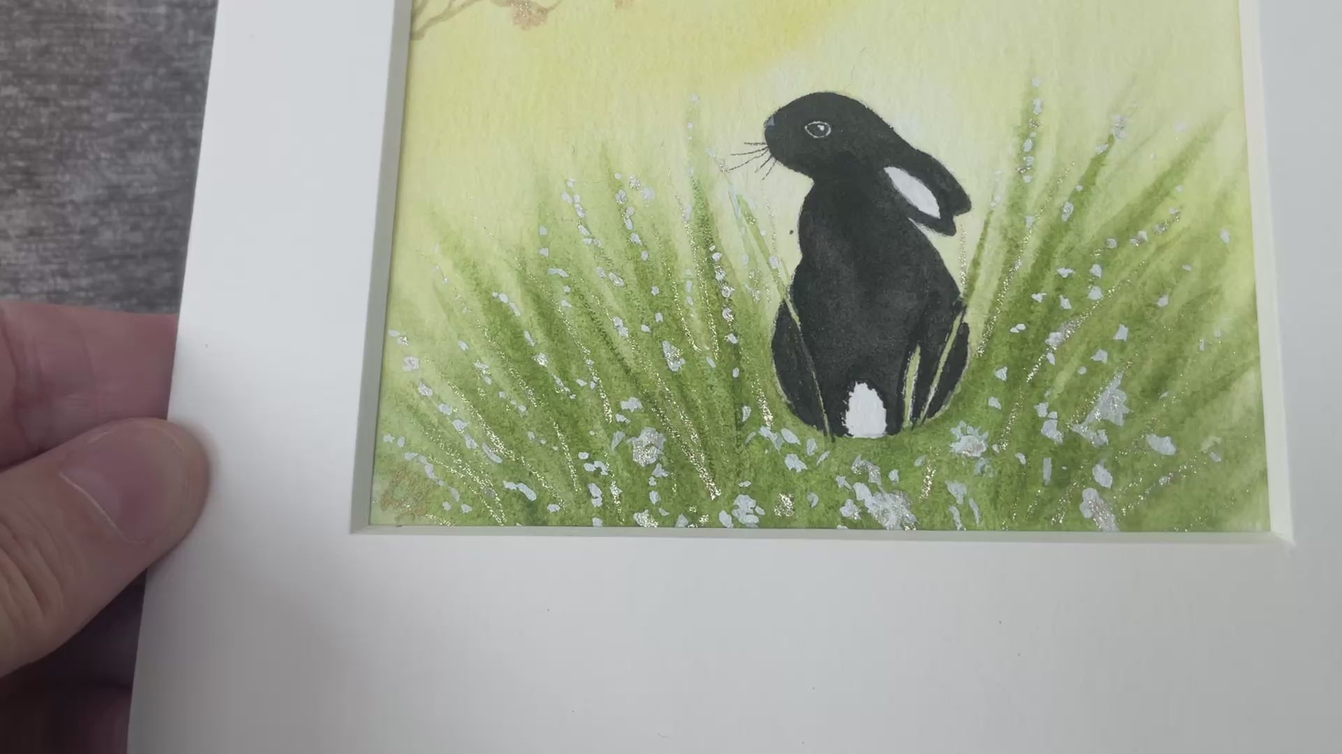 Video “Sunshine Meadows’ - Original Black Bunny Rabbit Watercolour Painting  4” x 4”