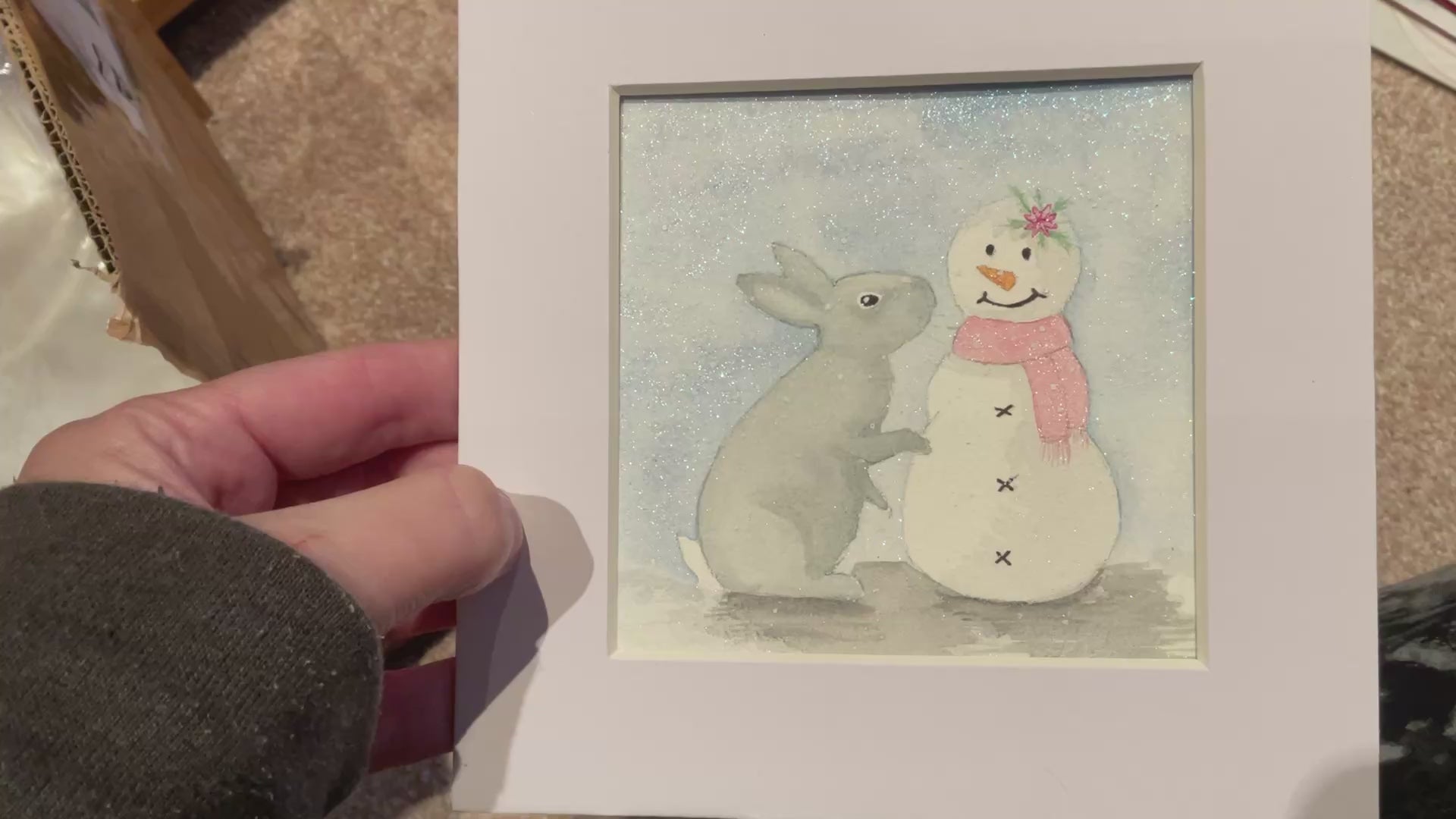 Video of ‘SnowBunny’ - Original White Bunny Rabbit Watercolour Painting  4” x 4”
