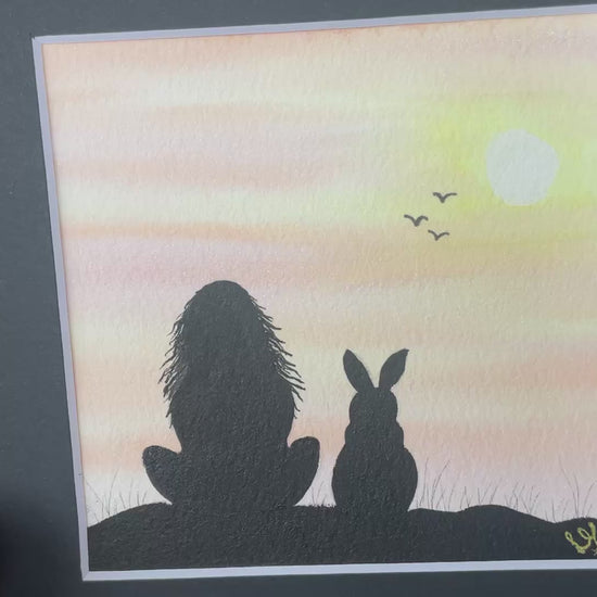 Video ‘Mom and Me’ Original Silhouette Bunny Rabbit Watercolour Painting  4” x 4”