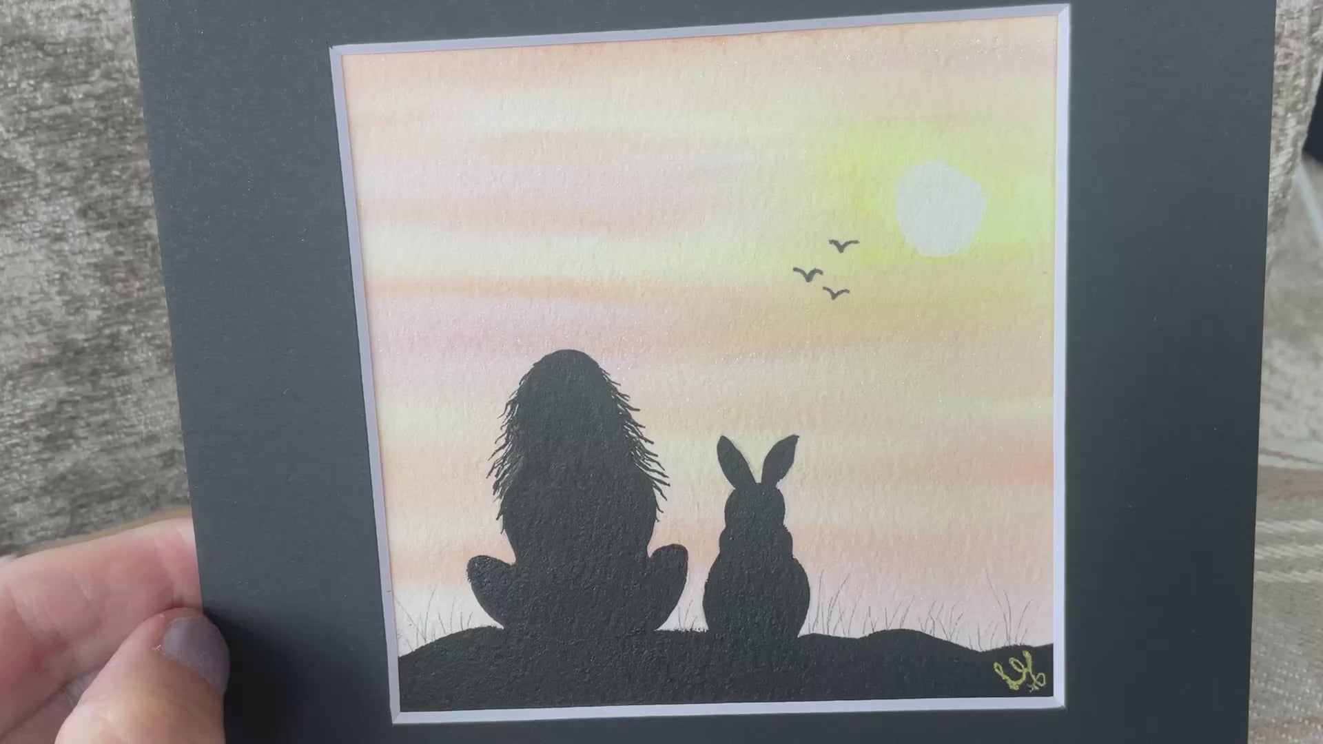 Video ‘Mom and Me’ Original Silhouette Bunny Rabbit Watercolour Painting  4” x 4”