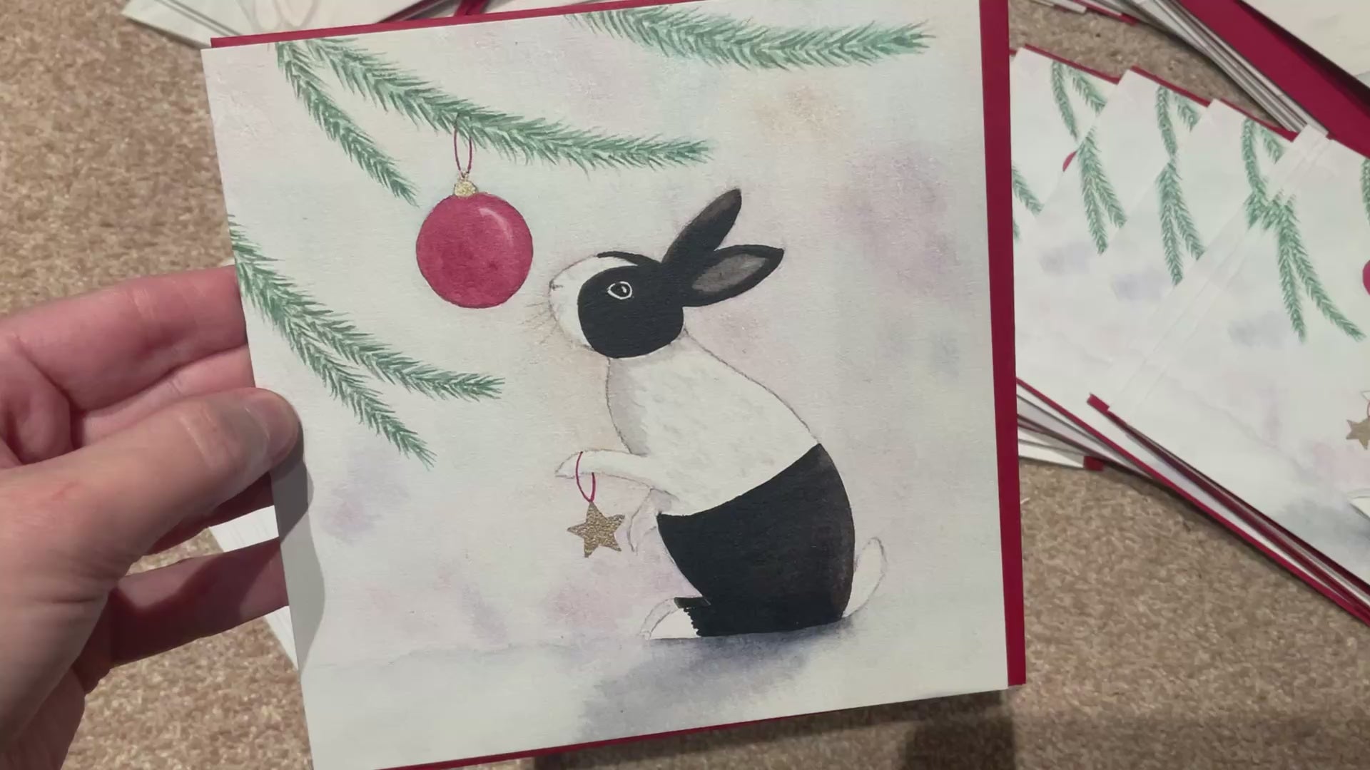 Video of Exclusive Bunny Rabbit Watercolour Art Christmas Cards - Pack of 4