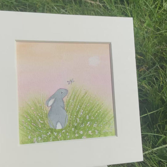 Video of “Enchanted Meadows’ - Original Black Bunny Rabbit Watercolour Painting  4” x 4”