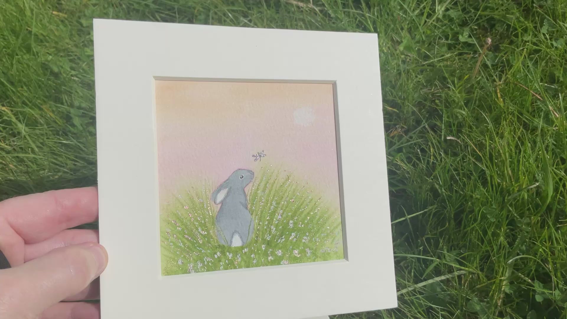 Video of “Enchanted Meadows’ - Original Black Bunny Rabbit Watercolour Painting  4” x 4”