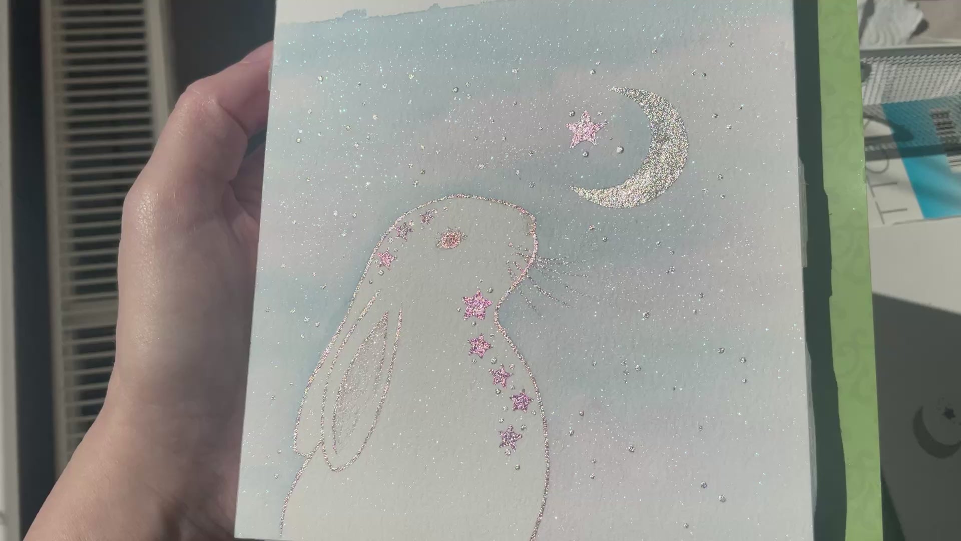 Video of ‘Stardust Sprinkles’ - Original Bunny Rabbit Watercolour Painting  4” x 4”