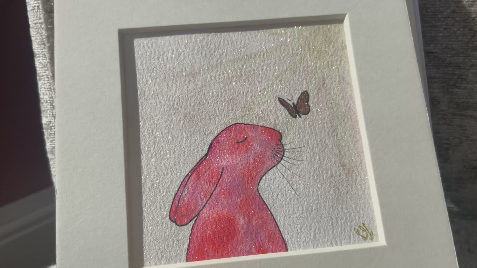 Video ‘Bring me Sunshine’ - Original Bunny Rabbit Glistening Watercolour Painting  4” x 4”