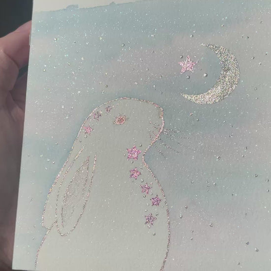 Video ‘Stardust Sprinkles’ - Original White Bunny Rabbit Watercolour Painting  4” x 4”