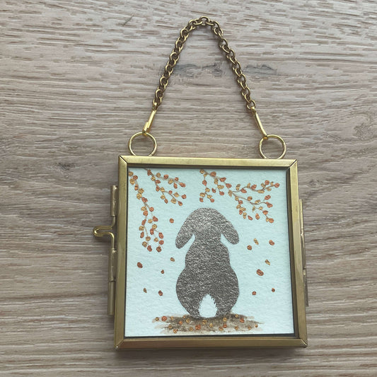 hispers of Autumn miniature lop-eared rabbit watercolor painting in a hanging square brass frame with a gold chain