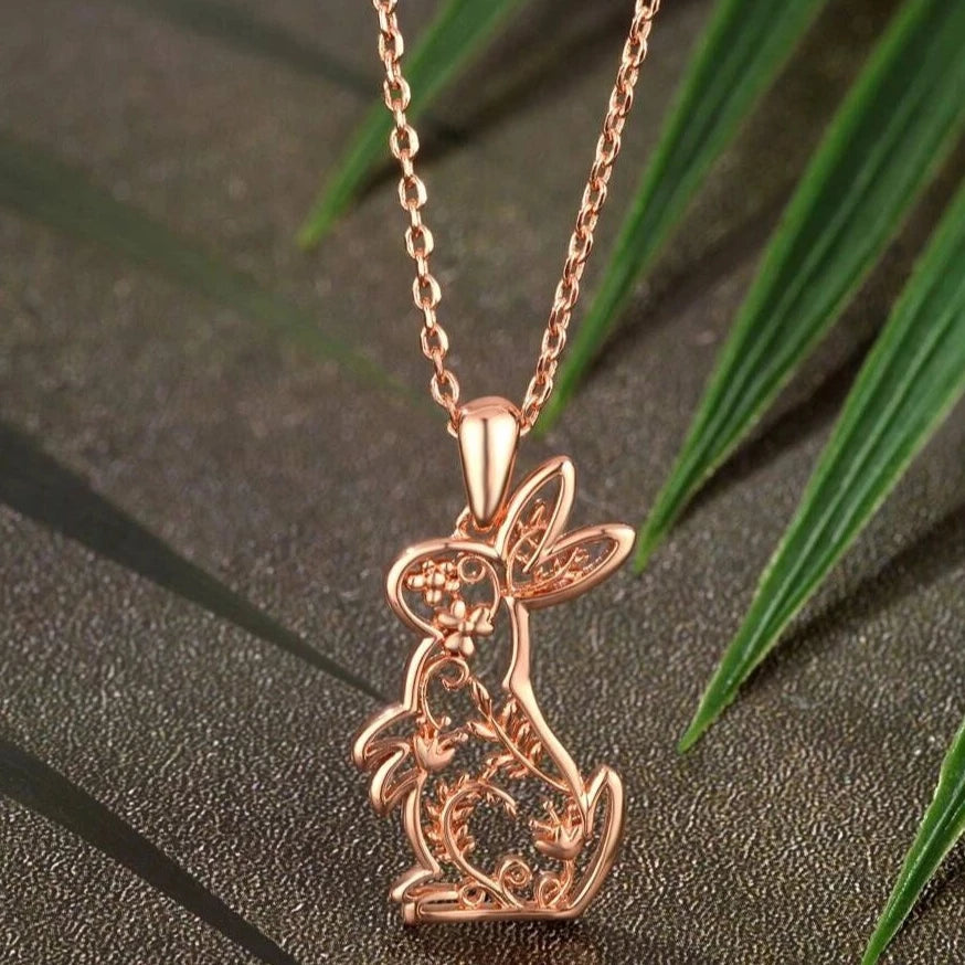 Rose gold Floral Bunny Rabbit Necklace 