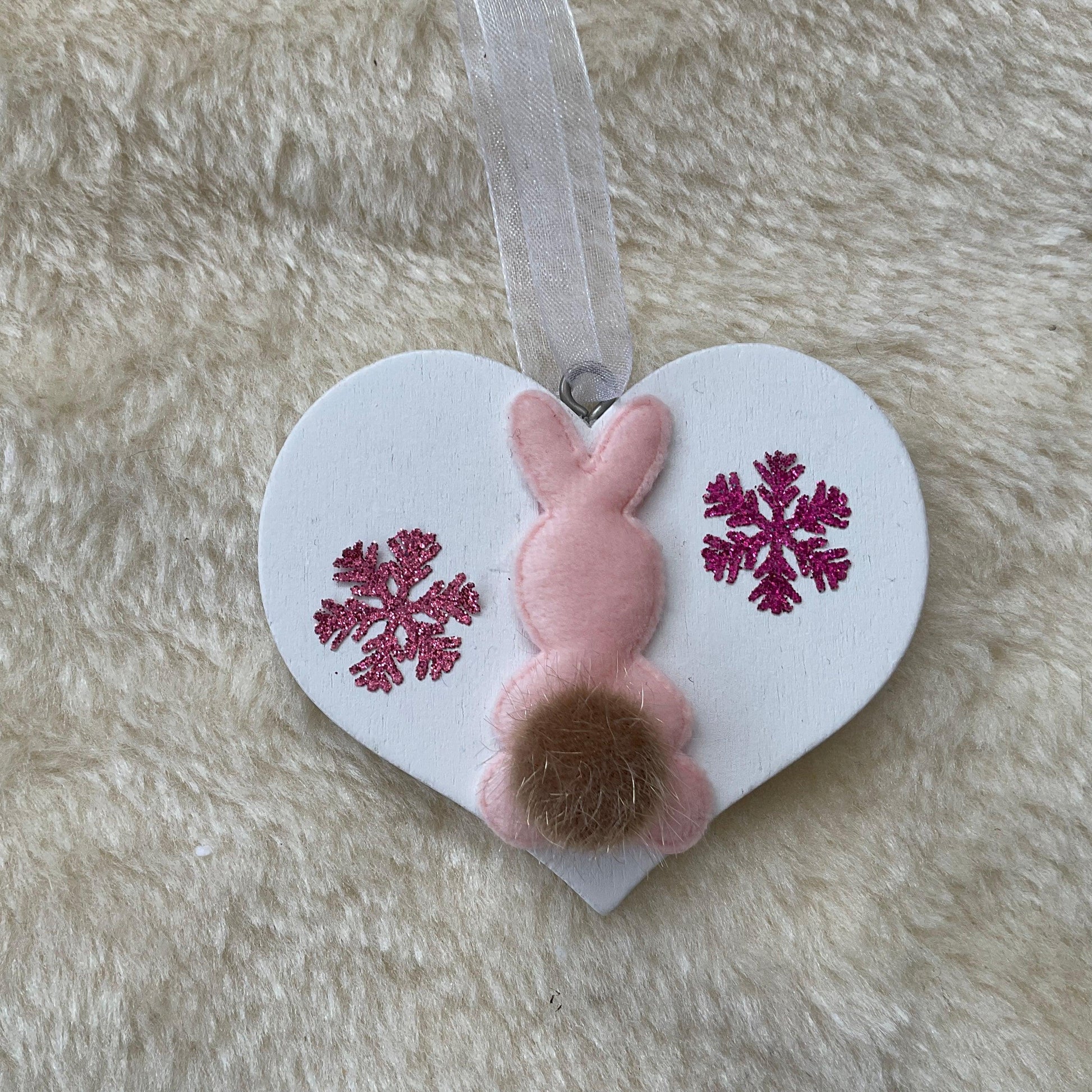 Handmade Pink Bunny Rabbit Wooden Heart Christmas Tree Decoration - Bunny Creations