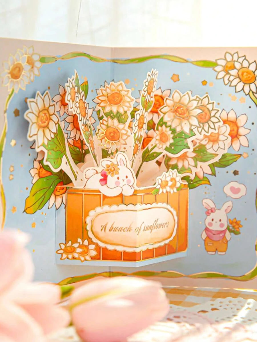Sunflower bunny rabbit pop up greeting card