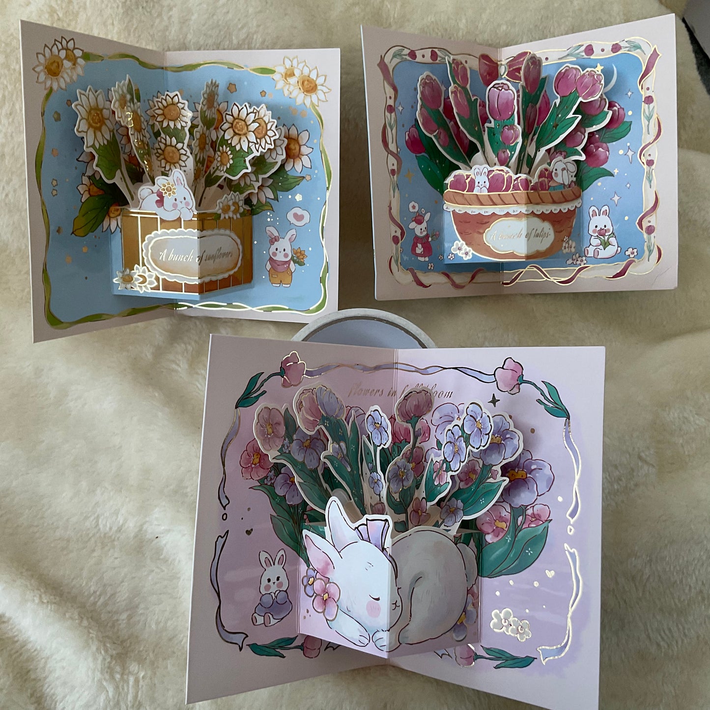 Set of 3 Front of 3 flower  bunny rabbit pop up greeting card