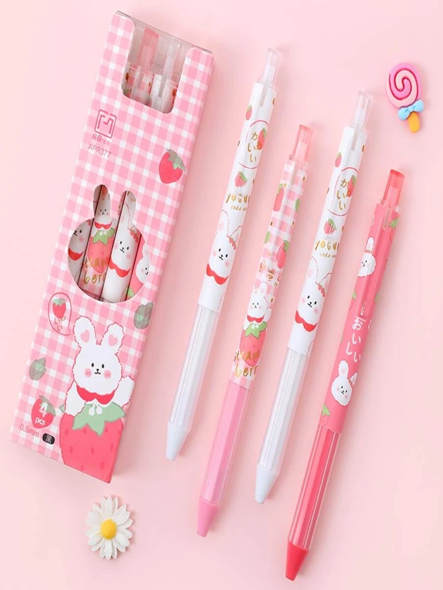 Set Of 4 Glitter Strawberry Bunny Rabbit Pens