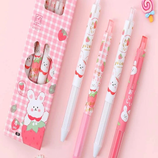 Set Of 4 Glitter Strawberry Bunny Rabbit Pens close up