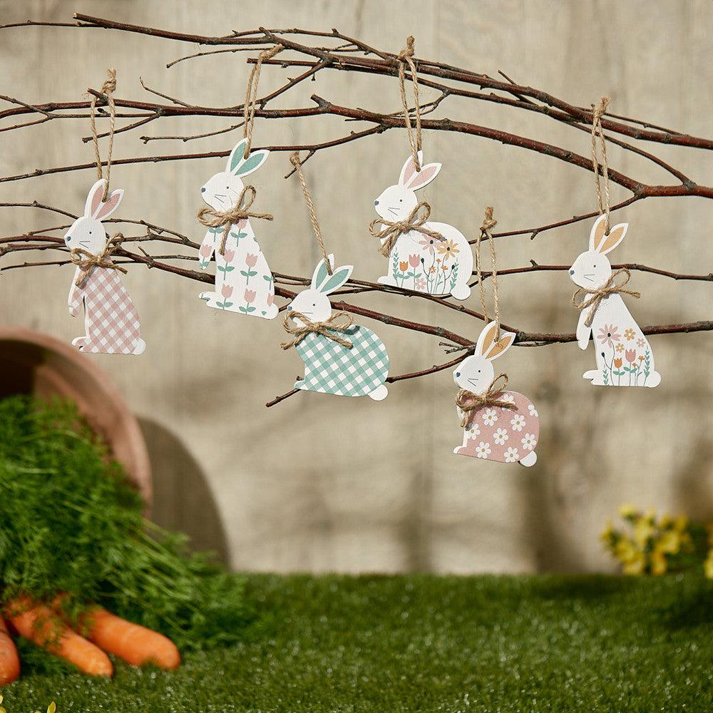 Wooden Hanging Bunny Rabbits Decoration hung on tree